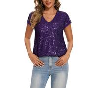 Kyzoeyou Womens V Neck Tops Cap Short Sleeve T-Shirt Sequin Sparkly Tunic Blouse Club Night Shirts (Purple XL)