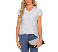 Kyzoeyou Womens V Neck Tops Cap Short Sleeve T-Shirt Sequin Sparkly Tunic Blouse Club Night Shirts (Silvery XL)