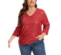 Kyzoeyou XL-5XL Plus Size Sequin Blouses T-Shirt Womens Glitter Tops Fully Body Sparking Sequins V Neck Lined 3/4 Sleeve Casual Nights Out Wear (Red 5XL)