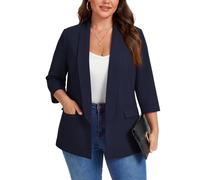 Kyzoeyou XL-5XL Plus Size Shawl Lapel Blazer Womens 3/4 Sleeve Suits Half Lined & Flap Pockets Ladies Daily Casual Outerwear Jackets (Navy XL)