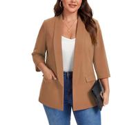 Kyzoeyou XL-5XL Plus Size Shawl Lapel Blazer Womens 3/4 Sleeve Suits Half Lined & Flap Pockets Ladies Daily Casual Outerwear Jackets (Dark Khaki XXL)