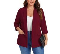 Kyzoeyou XL-5XL Plus Size Shawl Lapel Blazer Womens 3/4 Sleeve Suits Half Lined & Flap Pockets Ladies Daily Casual Outerwear Jackets (Wine Red XXL)