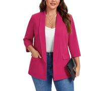 Kyzoeyou XL-5XL Plus Size Shawl Lapel Blazer Womens 3/4 Sleeve Suits Half Lined & Flap Pockets Ladies Daily Casual Outerwear Jackets (Hot Pink XXL)