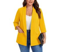 Kyzoeyou XL-5XL Plus Size Shawl Lapel Blazer Womens 3/4 Sleeve Suits Half Lined & Flap Pockets Ladies Daily Casual Outerwear Jackets (Yellow XXL)
