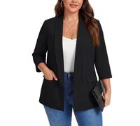 Kyzoeyou XL-5XL Plus Size Shawl Lapel Blazer Womens 3/4 Sleeve Suits Half Lined & Flap Pockets Ladies Daily Casual Outerwear Jackets (Black XXL)