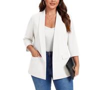 Kyzoeyou XL-5XL Plus Size Shawl Lapel Blazer Womens 3/4 Sleeve Suits Half Lined & Flap Pockets Ladies Daily Casual Outerwear Jackets (White XXL)