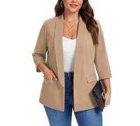 Kyzoeyou XL-5XL Plus Size Shawl Lapel Blazer Womens 3/4 Sleeve Suits Half Lined & Flap Pockets Ladies Daily Casual Outerwear Jackets (Khaki XXL)