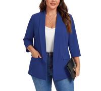 Kyzoeyou XL-5XL Plus Size Shawl Lapel Blazer Womens 3/4 Sleeve Suits Half Lined & Flap Pockets Ladies Daily Casual Outerwear Jackets (Blue 5XL)