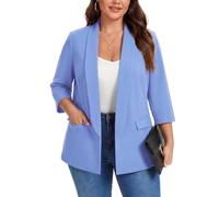 Kyzoeyou XL-5XL Plus Size Shawl Lapel Blazer Womens 3/4 Sleeve Suits Half Lined & Flap Pockets Ladies Daily Casual Outerwear Jackets (Sky Blue 4XL)
