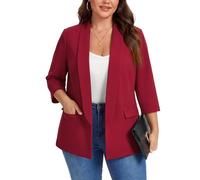 Kyzoeyou XL-5XL Plus Size Shawl Lapel Blazer Womens 3/4 Sleeve Suits Half Lined & Flap Pockets Ladies Daily Casual Outerwear Jackets (Red XXL)