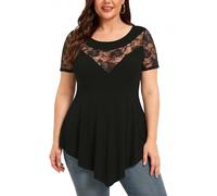 Kyzoeyou XL-5XL Womens Casual Semi Sheer Lace Short Sleeve Blouses Crew Neck Pullover Tunics with Asymmetric Ruffle Peplum Hem Tee Shirts (Black 3XL)