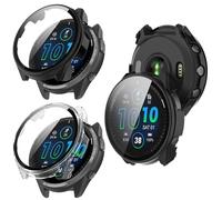 KZIOACSH 2 Pack Case with Tempered Glass for Garmin Forerunner 965, All Around Ultra-Thin Hard PC Anti-Scratch Shockproof Overall Smartwatch Screen Protector Protective Cover,Clear + Black