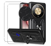 KZIOACSH Case for Honor Magic8 Lite/Magic 8 Lite 5G with 2 Tempered Glass, Military-Grade Built-in Kickstand Slide Camera Cover Removable Card Holder Anti-Scratch Shockproof Bumper Cover,Black