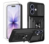 KZIOACSH Case for iPhone 17 with 2 Tempered Glass, Military-Grade Built-in Kickstand Slide Camera Cover Removable Card Holder Anti-Scratch Shockproof Rugged Bumper Cover,Black