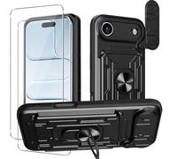 KZIOACSH Case for iphone Air/iPhone 17 Air with 2 Tempered Glass, Military-Grade Built-in Kickstand Slide Camera Cover Removable Card Holder Anti-Scratch Shockproof Rugged Bumper Cover,Black