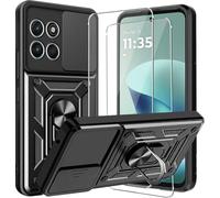 KZIOACSH Case for Motorola Moto G67 Power/G57/G57 Power with 2 Screen Protector, Kickstand Slide Camera Cover Shockproof Hybrid Soft TPU+Hard PC Military Anti-Scratch Bumper Cover, Black