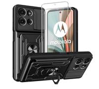 KZIOACSH Case for Motorola Moto G75, Military-Grade Shockproof Phone Case Built-in Kickstand Slide Camera Cover Removable Card Holder Anti-Scratch Bumper Cover with 2 Tempered Glass,Black