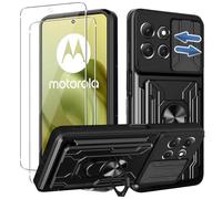 KZIOACSH Case for Motorola Moto G86 5G with 2 Tempered Glass, Military-Grade Built-in Kickstand Slide Camera Cover Removable Card Holder Anti-Scratch Shockproof Rugged Bumper Cover,Black