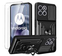 KZIOACSH Case for Motorola Moto G86 power 5G with 2 Tempered Glass, Military-Grade Built-in Kickstand Slide Camera Cover Removable Card Holder Anti-Scratch Shockproof Rugged Bumper Cover,Black