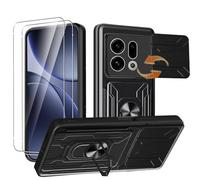KZIOACSH Case for Oppo Find X9 with 2 Tempered Glass, Military-Grade Built-in Kickstand Slide Camera Cover Removable Card Holder Anti-Scratch Shockproof Rugged Bumper Cover,Black