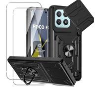 KZIOACSH Case for Poco F8 Pro 5G with 2 Tempered Glass, Military-Grade Built-in Kickstand Slide Camera Cover Removable Card Holder Anti-Scratch Shockproof Rugged Bumper Cover,Black