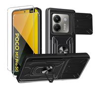 KZIOACSH Case for POCO M7 Pro 5G, Military-Grade Shockproof Built-in Kickstand Phone Case Slide Camera Cover Removable Card Holder Anti-Scratch Rugged Bumper Cover with 2 Tempered Glass,Black