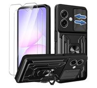 KZIOACSH Case for Samsung Galaxy A07 4G/5G with 2 Tempered Glass, Military-Grade Built-in Kickstand Slide Camera Cover Removable Card Holder Anti-Scratch Shockproof Rugged Bumper Cover,Black