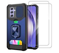 KZIOACSH Case for Samsung Galaxy A55 5G, Heavy Duty Card Holder Waterproof Wallet Case [Slide Camera Cover]&[Built-in Kickstand] Hybrid Hard PC Back+Soft TPU Bumper Cover with 2 Tempered Glass,Blue