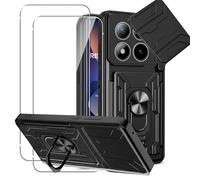 KZIOACSH Case for Xiaomi Redmi Note 15 Pro 5G with 2 Tempered Glass, Military-Grade Built-in Kickstand Slide Camera Cover Removable Card Holder Anti-Scratch Shockproof Rugged Bumper Cover,Black