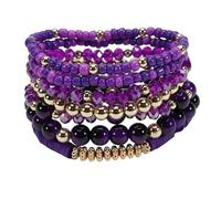 KZL 7pcs Boho Chic Layered Stackable Mixed Beaded Bracelet Set Adjustable Elastic Heishi Clay Gold Crystal Glass Wristband for Women, 6 cm, Stone, Agate