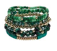 KZL 7pcs Boho Chic Layered Stackable Mixed Beaded Bracelet Set Adjustable Elastic Heishi Clay Gold Crystal Glass Wristband for Women, 6 cm, Stone, Agate