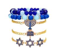 KZL Hanukkah Clay Beaded Stretch Bracelets Stackable Star of David Candle Evil Eye Charm Bracelets Layering Blue White Surfer Heishi Elastic Bracelet Chanukah Jewish Jewelry, 4.8cm, Vinyl, Agate