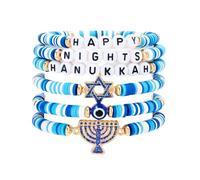 KZL Hanukkah Clay Beaded Stretch Bracelets Stackable Star of David Candle Evil Eye Charm Bracelets Layering Blue White Surfer Heishi Elastic Bracelet Chanukah Jewish Jewelry, 4.8cm, Vinyl, Agate