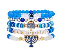 KZL Hanukkah Clay Beaded Stretch Bracelets Stackable Star of David Candle Evil Eye Charm Bracelets Layering Blue White Surfer Heishi Elastic Bracelet Chanukah Jewish Jewelry, 4.8cm, Vinyl, Agate