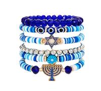 KZL Hanukkah Clay Beaded Stretch Bracelets Stackable Star of David Candle Evil Eye Charm Bracelets Layering Blue White Surfer Heishi Elastic Bracelet Chanukah Jewish Jewelry, 4.8cm, Vinyl, Agate
