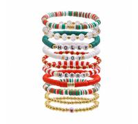 KZL Holiday Heishi Surfer Bracelet Set for Women Christmas Beaded Stretch Bracelets Santa Claus Christmas Tree Hat Stackable Polymer Clay Disc Beads Bracelets Xmas Party Y2k Jewelry, 4.8cm, Vinyl