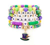 KZL Mardi Gras Clay Beaded Stretch Bracelets Stackable Lobster Hat Mask New Orleans Map Charm Bracelets Layering Holiday Surfer Heishi Elastic Bracelet Carnival Parade Jewelry, 4.8cm, Zinc, Agate