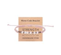 KZL Morse Code Bracelets for Women Healing Pink Crystal Beaded Strand Bracelet with Message Card Inspirational Brave Strengh Adjustable Braided String Rope Bangle Wrist Gifts, 4.8cm, Vinyl, Agate