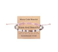 KZL Morse Code Bracelets for Women Healing Pink Crystal Beaded Strand Bracelet with Message Card Inspirational Brave Strengh Adjustable Braided String Rope Bangle Wrist Gifts, 4.8cm, Vinyl, Agate