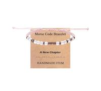 KZL Morse Code Bracelets for Women Healing Pink Crystal Beaded Strand Bracelet with Message Card Inspirational Brave Strengh Adjustable Braided String Rope Bangle Wrist Gifts, 4.8cm, Vinyl, Agate