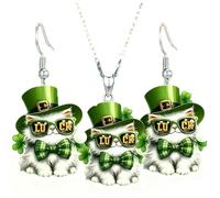 KZL St Patrick’s Day Shamrock Earrings Necklace Set Cute Green Lucky Four Leaf Clover Hat Bear Cat Animal Acrylic Drop Dangle Earrings Pendant Necklace Irish Festive Jewelry Set, Acrylic, No Gemstone