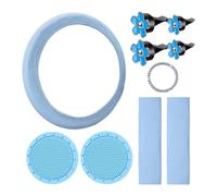 Kznifmk 10 Pcs Steering Wheel Cover for Women Cute Car Accessories Set with Seat Belt Shoulder Pads Cup Holders Blue