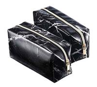 Kznifmk 2 Pieces Cosmetic Toiletry Makeup Bag Pouch Gold Zipper Storage Bag Marble Pattern Portable Makeup Brushes Bag (Black)