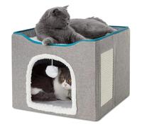 Kznifmk Large Cat Bed with Ball Hanging and Scratch Pad Double Layered Foldable Cat Beds for Indoor Cats Sleeping All Seasons,B