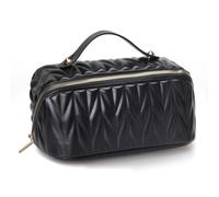 Kznifmk Leather Travel Makeup Bag Large Capacity Toiletry Bag Organizer for Women with Waterproof Interior Pocket, Easy Install Easy to Use Black