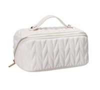 Kznifmk Leather Travel Makeup Bag Large Capacity Toiletry Bag Organizer for Women with Waterproof Interior Pocket, Easy to Use White