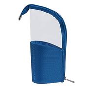 Kznifmk Travel Makeup Brush Holder Pencil Pen Case Organizer Bag Clear Plastic Cosmetic Zipper Pouch Portable Waterproof Stand-Up Toiletry Stationery Bag with Divider(Blue)