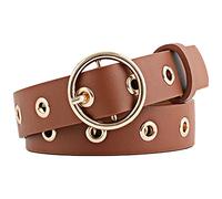 Kznifmk Women Grommet Holes Studded Pin Buckle Leather Belt Camel color