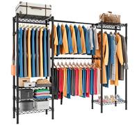 KZOBYD Expandable Wardrobe and Closet Organizer, Freestanding Clothes Rail with 6 Storage Shelves Heavy Duty Garment Rack with Double Hanging Rods Wardrobe Clothing Rack with Side Hooks(Black)