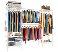 KZOBYD Expandable Wardrobe and Closet Organizer, Freestanding Clothes Rail with 6 Storage Shelves Heavy Duty Garment Rack with Double Hanging Rods Wardrobe Clothing Rack with Side Hooks (White)